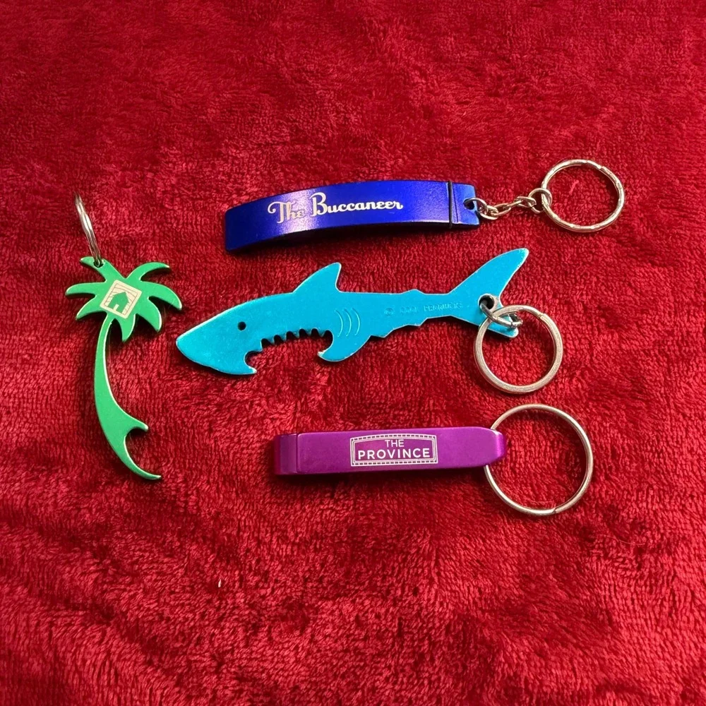 Lot of 4 Aluminum Keychain Bottle Openers Shark Palm Tree Tropical Novelty Metal